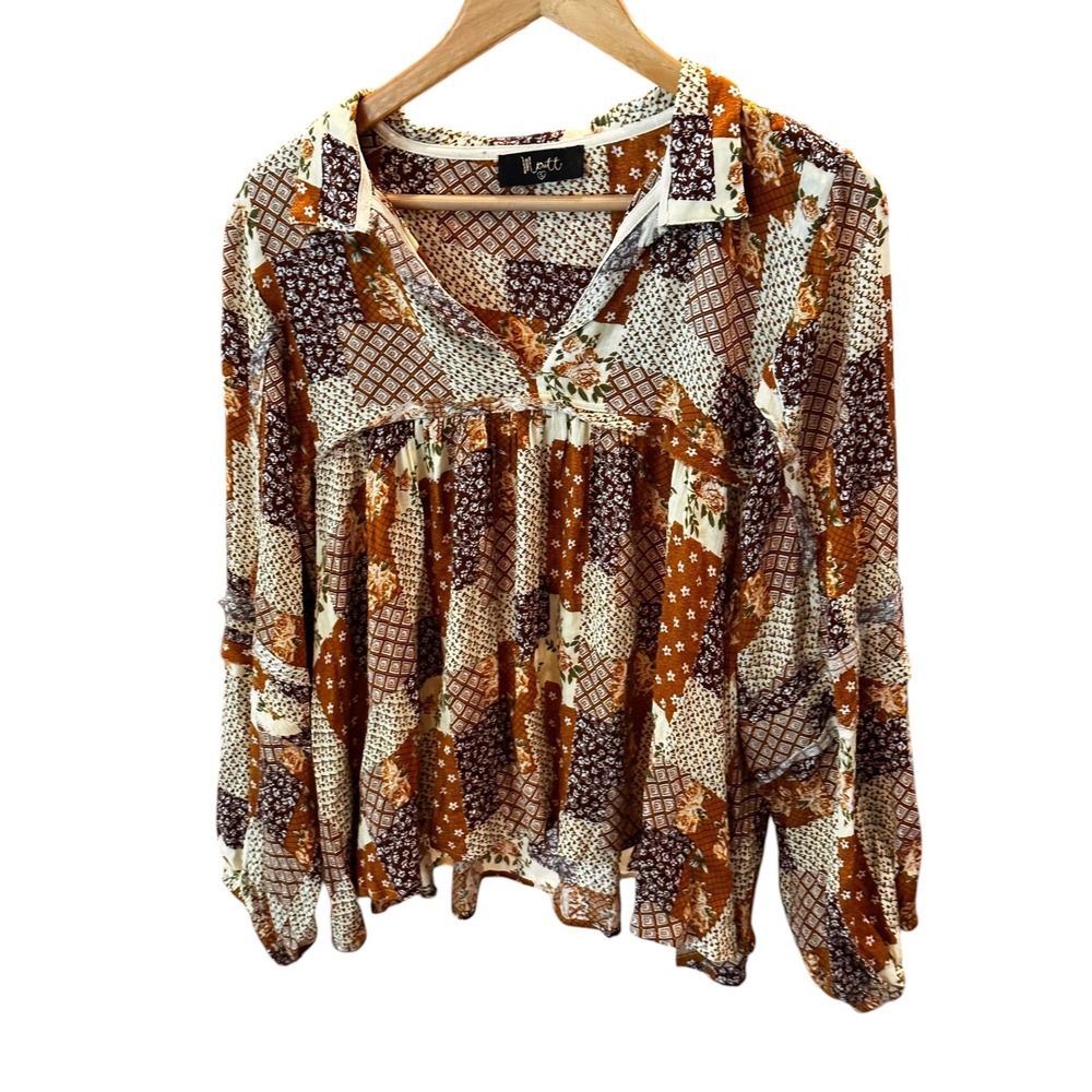 Meritt Women Brown Patchwork Floral Babydoll Blouse MT54302 Large